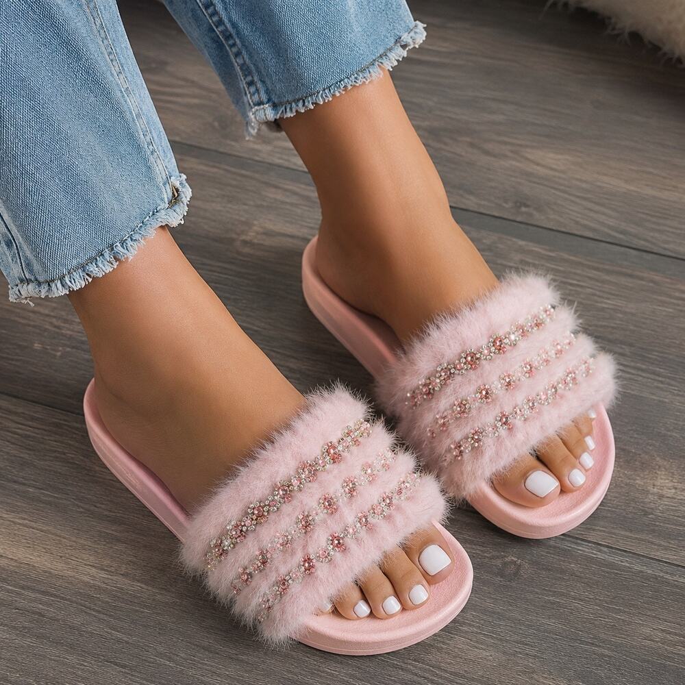 Jeffrey Campbell Edie Slide Sandal Pink Fur Jeweled Slip-On Slides Glam Cozy 8